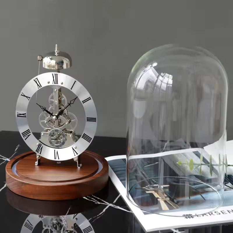 Elegant Walnut & Glass Mechanical Desk Clock
